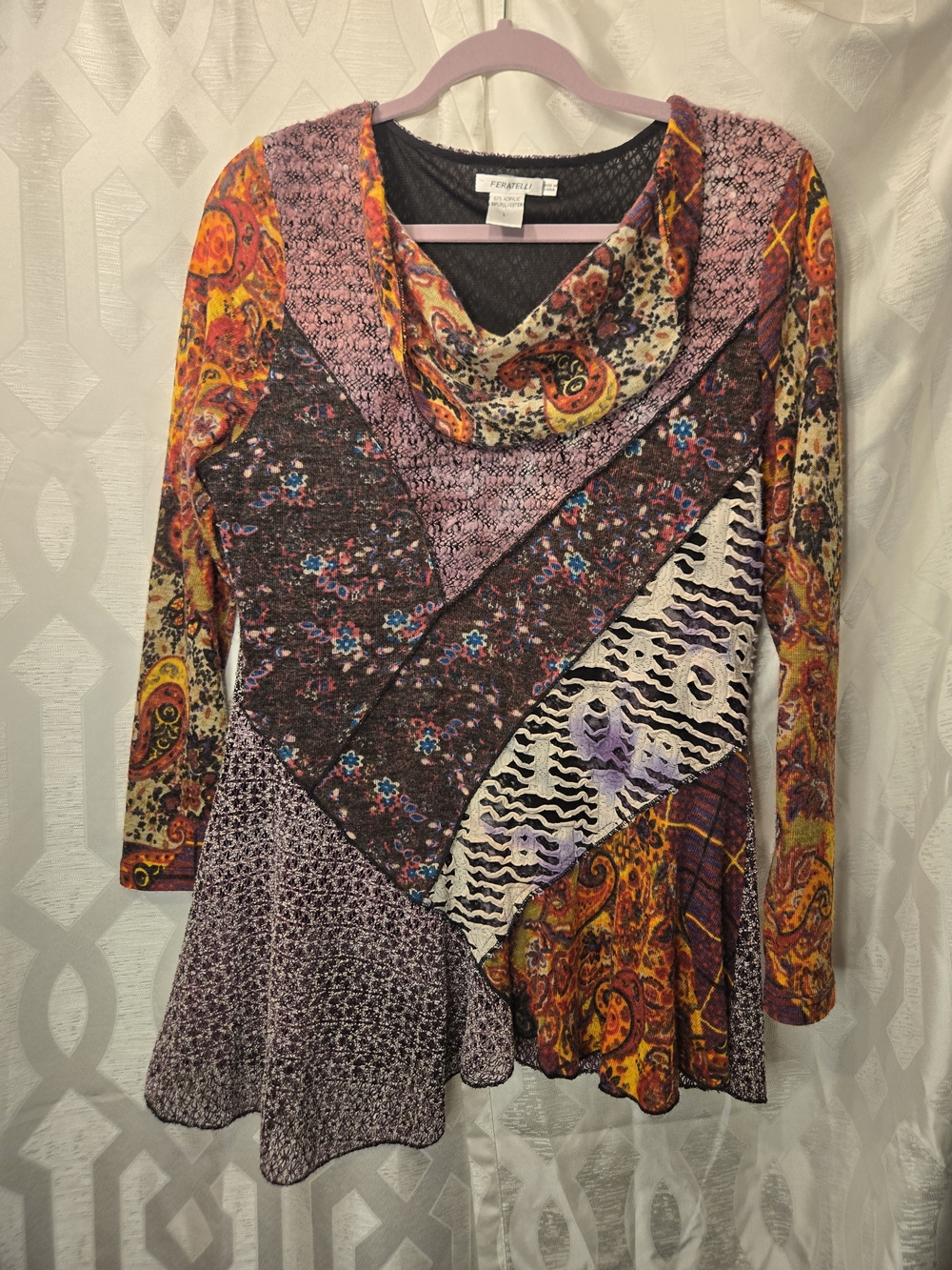 Feratelli Purple and Orange Patchwork Cowl-Neck Long Sleeve Top Size L